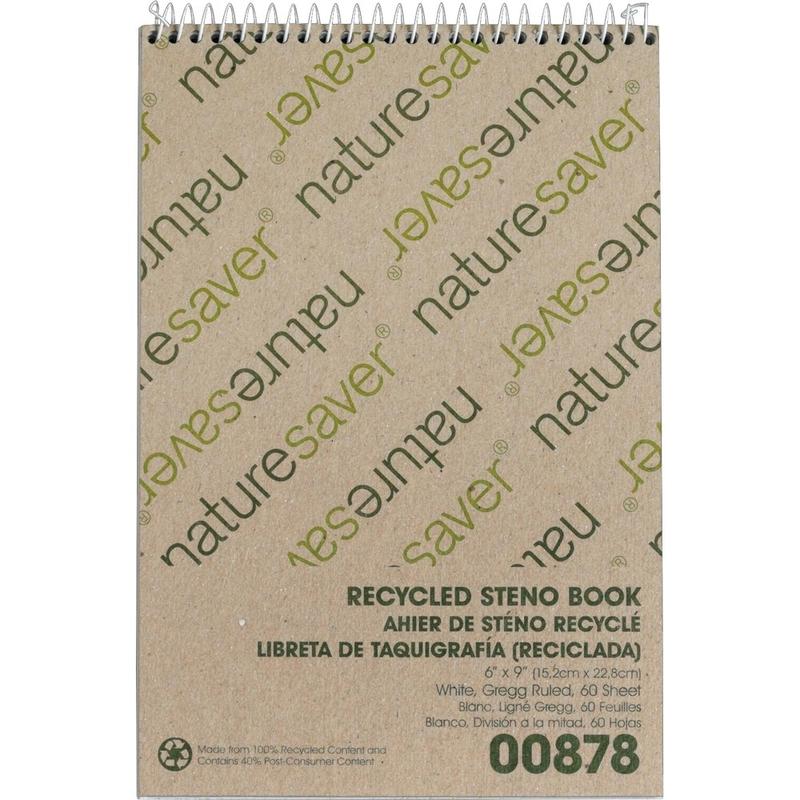 Nature Saver Recycled Steno Book - 60 Sheets - Spiral - 6in x 9in - White Paper - Chipboard Cover - Back Board - Recycled - 1 / Each (Min Order Qty 11) MPN:00878