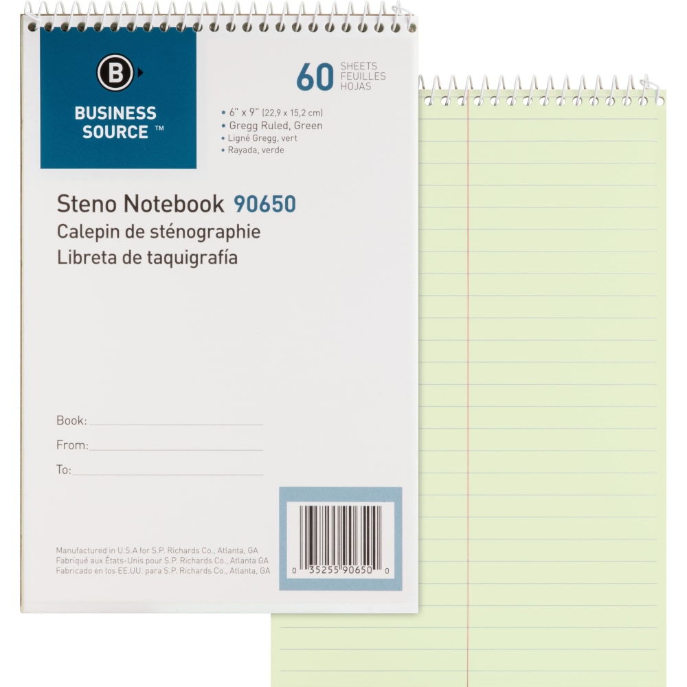 Business Source Steno Notebook - 60 Sheets - Coilock - Gregg Ruled Margin - 6in x 9in - Green Tint Paper - Stiff-back, Sturdy - 1 Each (Min Order Qty 18) MPN:90650