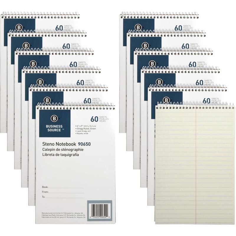 Business Source Steno Notebooks - 60 Sheets - Coilock - Gregg Ruled - 6in x 9in - Green Tint Paper - Stiff-back, Sturdy - 12 / Pack (Min Order Qty 2) MPN:90650PK