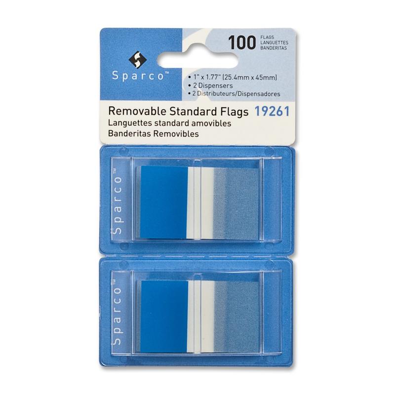 Sparco Removable Standard Flags In Pop-Up Dispenser, 1 3/4in x 1in, Blue, Pack Of 100 (Min Order Qty 9) MPN:19261