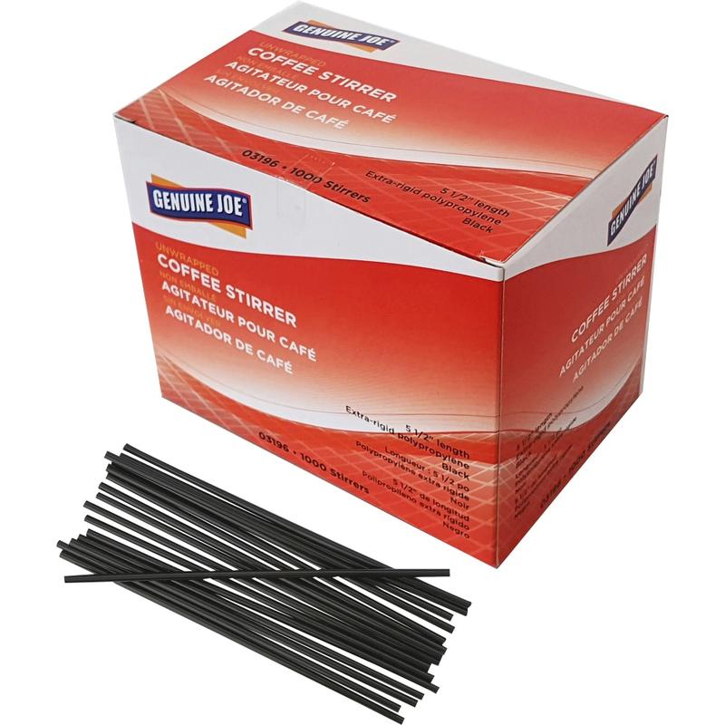 Genuine Joe Plastic Stirrers - 5.5in Length - Plastic, Polypropylene - Black - 1000 / Box MPN:03196