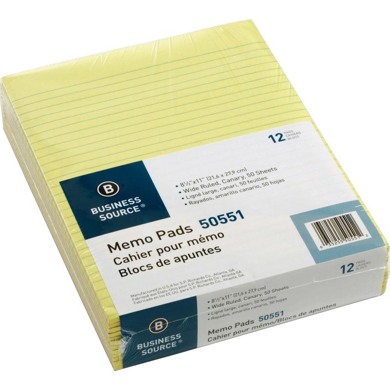 Business Source Glued Top Ruled Memo Pads - Letter - 50 Sheets - Glue - 16 lb Basis Weight - Letter - 8 1/2in x 11in - Canary Paper - 1 Dozen (Min Order Qty 2) MPN:50551