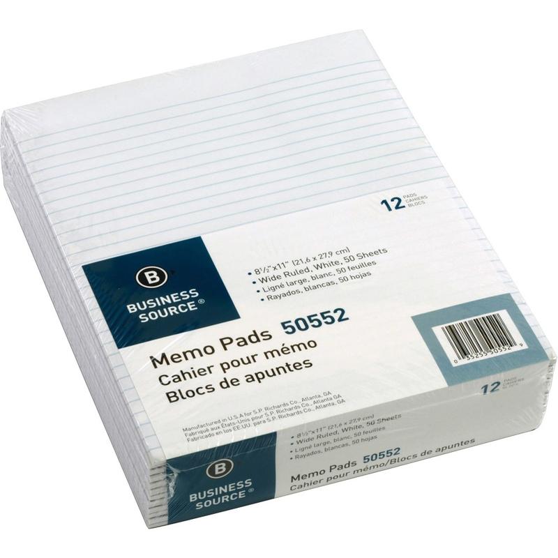 Business Source Glued Top Ruled Memo Pads - Letter - 50 Sheets - Glue - Wide Ruled - 16 lb Basis Weight - Letter - 8 1/2in x 11in - White Paper - 1 Dozen (Min Order Qty 2) MPN:50552