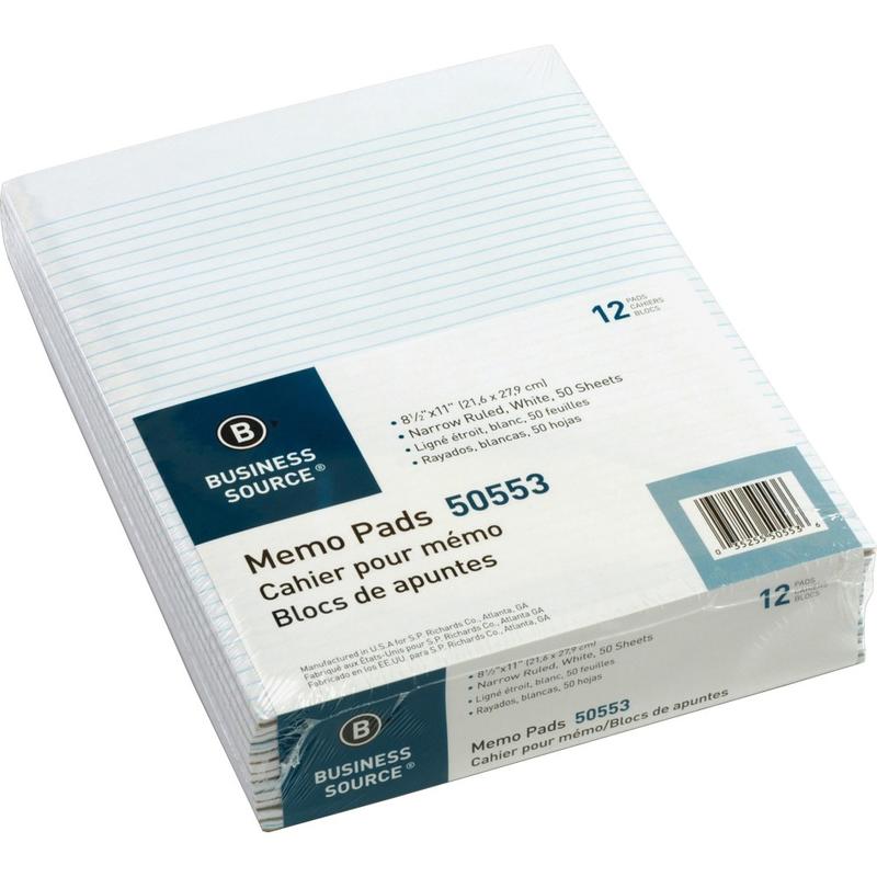 Business Source Glued Top Ruled Memo Pads - Letter - 50 Sheets - Glue - Narrow Ruled Front Ruling - 16 lb Basis Weight - 50553 MPN:50553