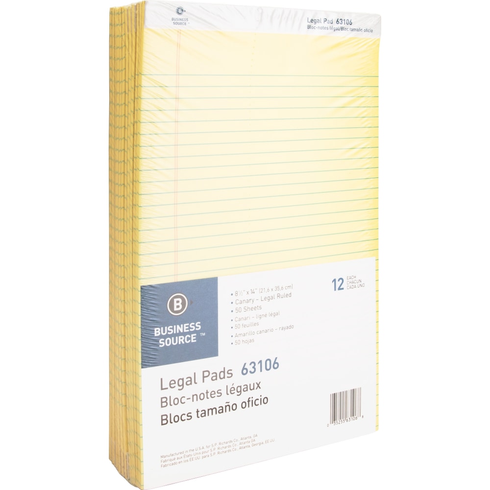 Business Source Legal Pads - 50 Sheets - 0.34in Ruled - 16 lb Basis Weight - Legal - 8 1/2in x 14in - Canary Paper - Micro Perforated, Easy Tear, Sturdy Back - 1 Dozen (Min Order Qty 2) MPN:63106