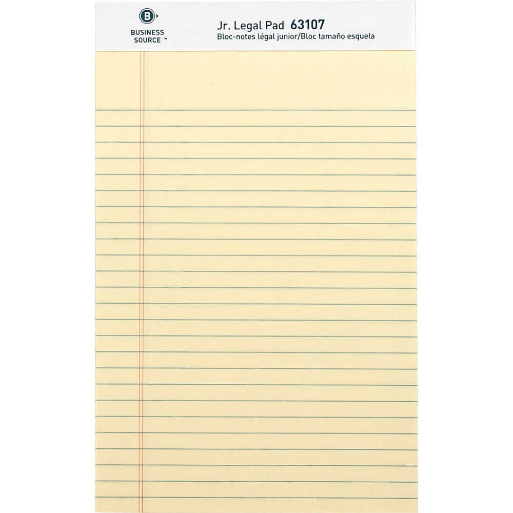Business Source Writing Pads - 50 Sheets - 0.28in Ruled - 16 lb Basis Weight - Jr.Legal - 8in x 5in - Canary Paper - Micro Perforated, Easy Tear, Sturdy Back - 1 Dozen (Min Order Qty 4) MPN:63107