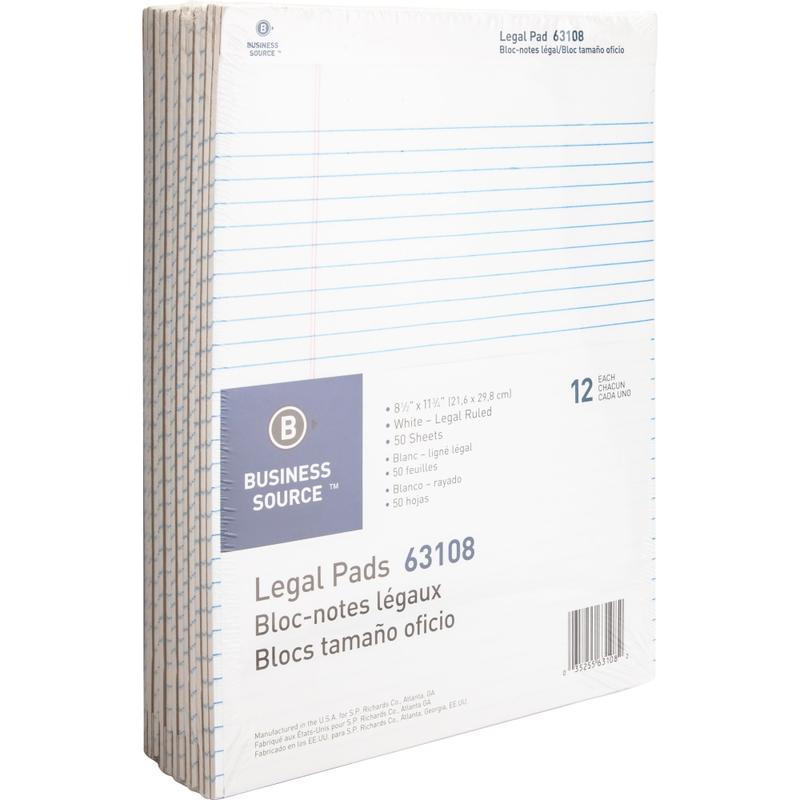 Business Source Micro-Perforated Legal Ruled Pads - 50 Sheets - 0.34in Ruled - 16 lb Basis Weight - 8 1/2in x 11 3/4in - White Paper - Micro Perforated, Easy Tear, Sturdy Back - 1 Dozen (Min Order Qty 3) MPN:63108