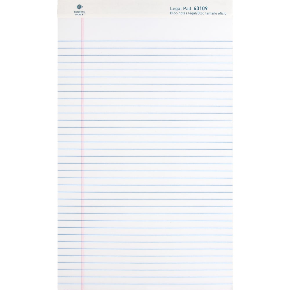 Business Source Writing Pads - 50 Sheets - 0.34in Ruled - 16 lb Basis Weight - Legal - 8 1/2in x 14in - White Paper - Micro Perforated, Easy Tear, Sturdy Back - 1 Dozen (Min Order Qty 2) MPN:63109