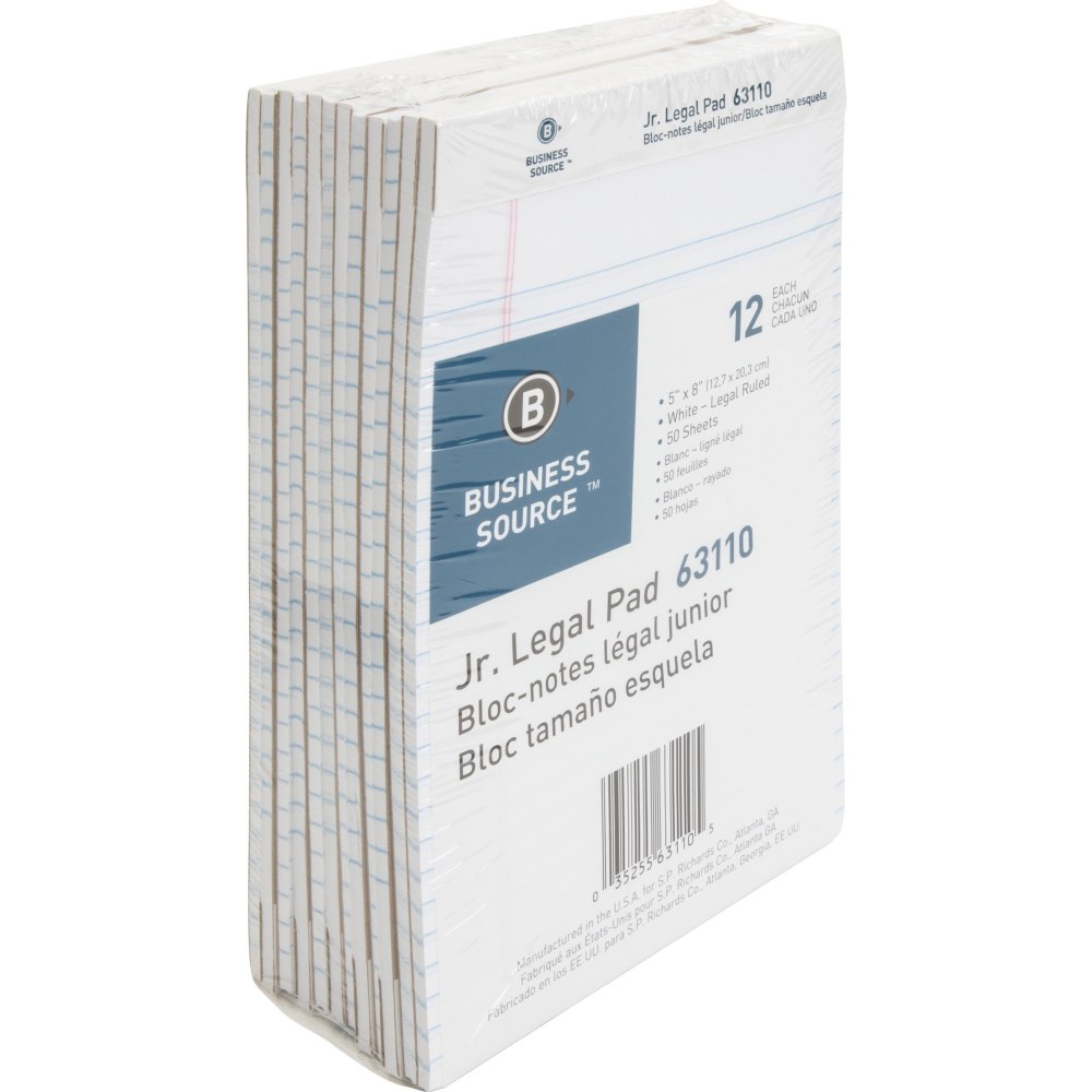 Business Source Writing Pads - 50 Sheets - 0.28in Ruled - 16 lb Basis Weight - Jr.Legal - 8in x 5in - White Paper - Micro Perforated, Easy Tear, Sturdy Back - 1 Dozen (Min Order Qty 4) MPN:63110