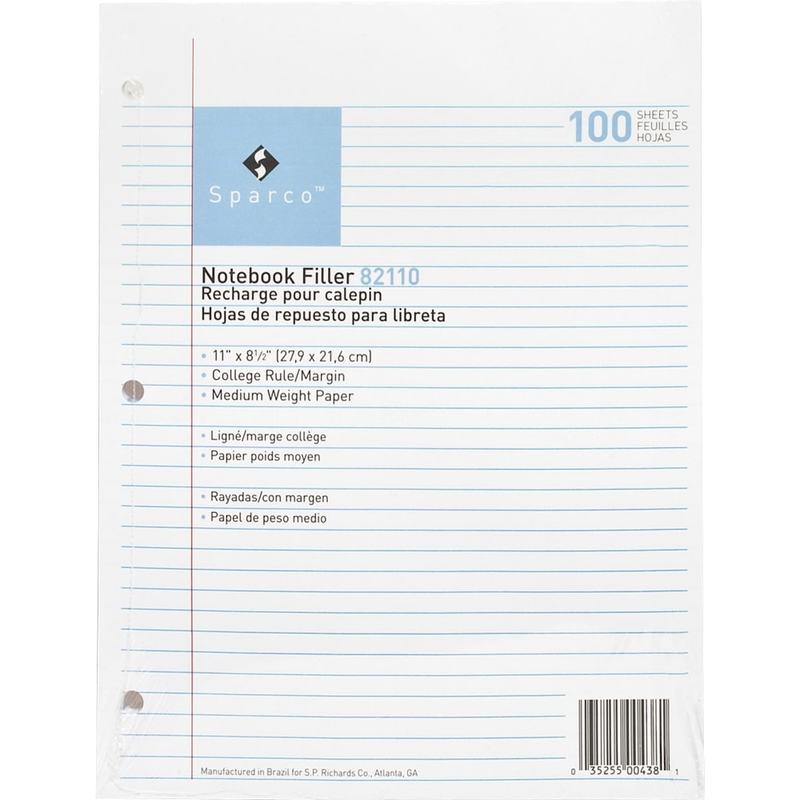 Sparco Notebook Filler Paper, 8-1/2in x 11in, College Rule, White, Pack of 100 Sheets (Min Order Qty 15) MPN:82110