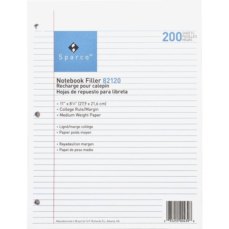 Sparco Notebook Filler Paper, Letter Size, 16 Lb, White, Ream Of 200 Sheets (Min Order Qty 8) MPN:82120