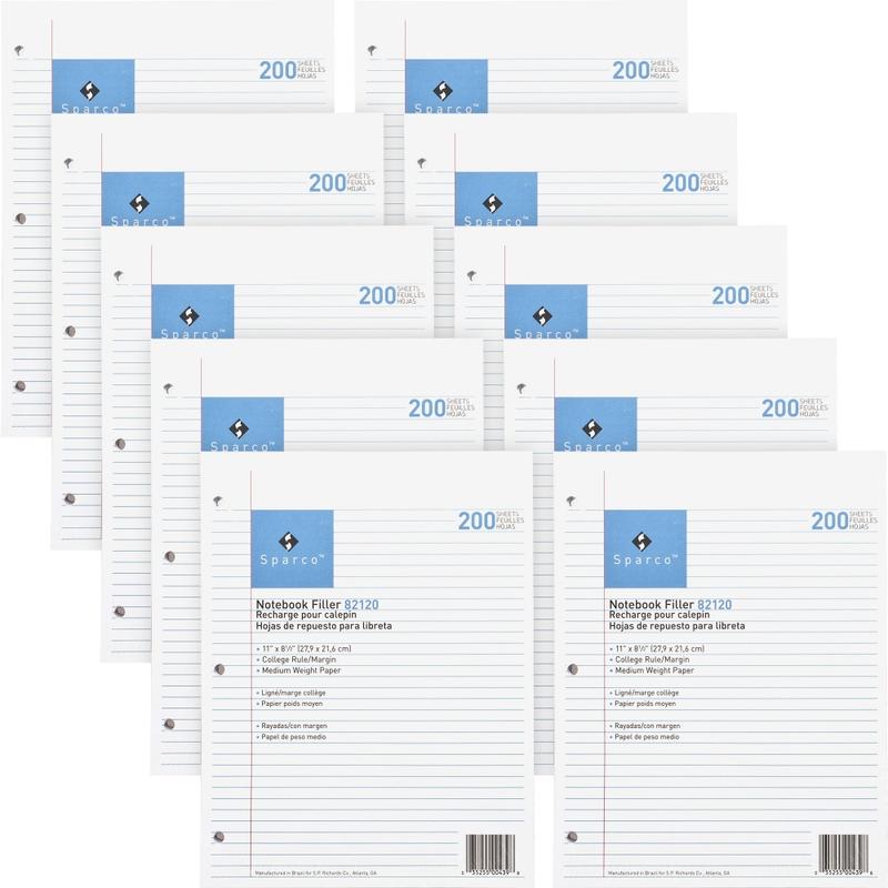 Sparco Notebook Filler Paper - Letter - 200 Sheets - Ruled Red Margin - 16 lb Basis Weight - Letter - 82120BD MPN:82120BD