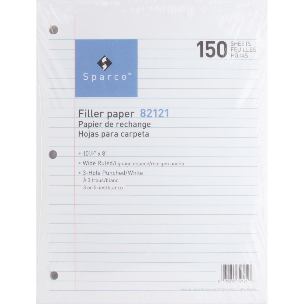 Sparco Standard White 3HP Filler Paper - 150 Sheets - Wide Ruled - Ruled Red Margin - 16 lb Basis Weight - 8in x 10 1/2in - White Paper - Bleed-free - 150 / Pack (Min Order Qty 18) MPN:82121