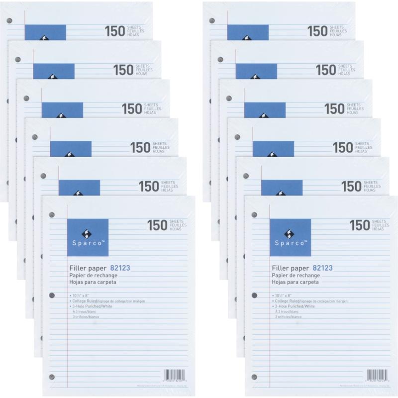 Sparco 3HP Notebook Filler Paper - 1800 Sheets - College Ruled - 16 lb Basis Weight - 8in x 10 1/2in - White Paper - 1800 / Bundle (Min Order Qty 2) MPN:82123BD