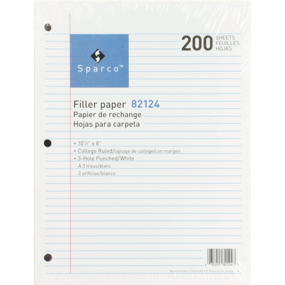Sparco 3-hole Punched Filler Paper - 2400 Sheets - College Ruled - Ruled Red Margin - 16 lb Basis Weight - 8in x 10 1/2in - White Paper - Bleed-free - 12 / Bundle MPN:82124BD