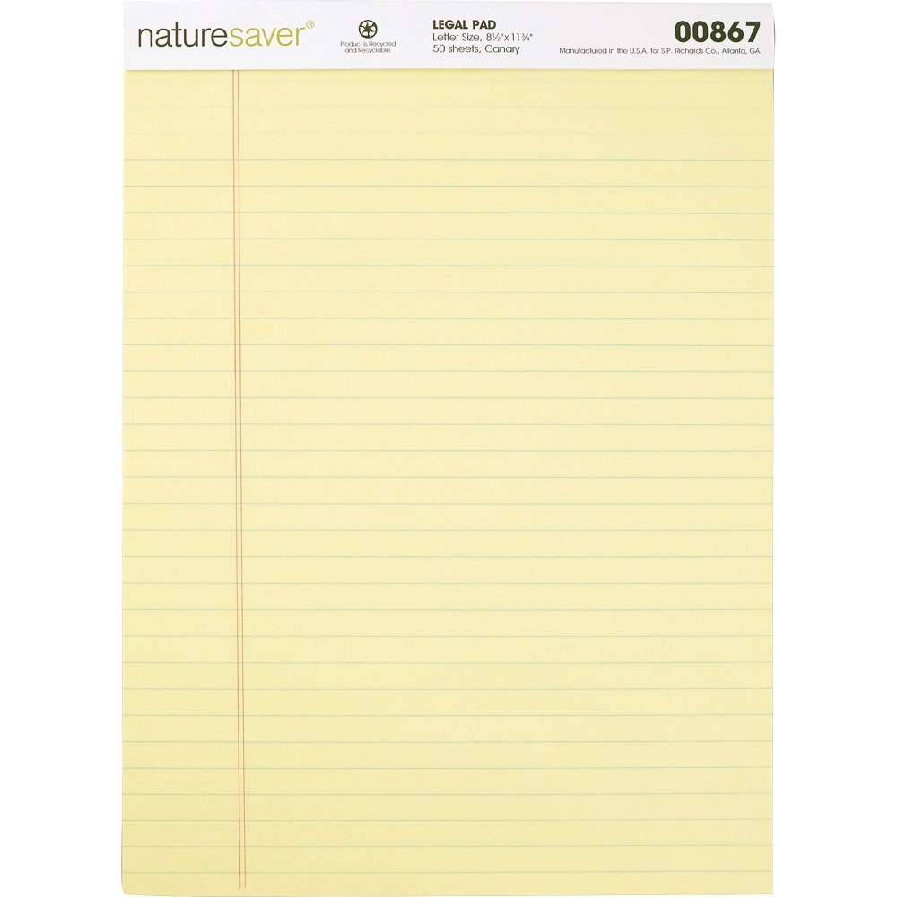 Nature Saver 100% Recycled Canary Legal Ruled Pads - 50 Sheets - 0.34in Ruled - 15 lb Basis Weight - 8 1/2in x 11 3/4in - Canary Paper - Perforated, Stiff-back, Back Board, Easy Tear - Recycled (Min Order Qty 2) MPN:00867