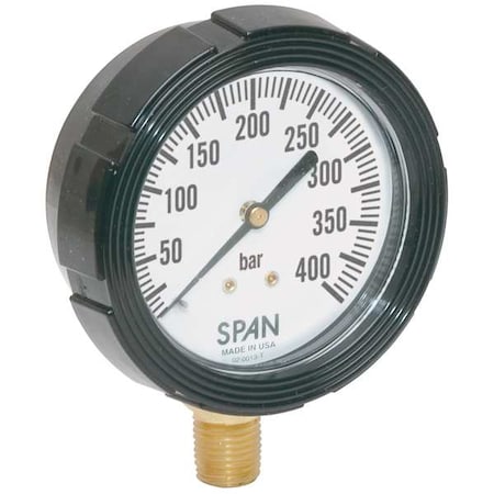 Industrial Pressure Gauge, 0 to 400 psi, 2 1/2 in Dial, 1/4 in NPT, Bottom Location MPN:LFS-210-400 BAR-G