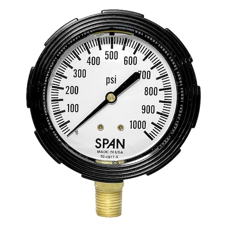 Industrial Pressure Gauge, 0 to 1, 000 psi, 2 1/2 in Dial, 1/4 in NPT, Bottom Location MPN:LFS-220-1000-G
