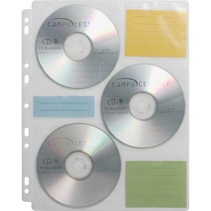 Compucessory CD/DVD Ring Binder Storage Pages - 6 x CD/DVD Capacity - 9 x Holes - Ring Binder - Clear - Polypropylene - 25 / Pack (Min Order Qty 4) MPN:22297
