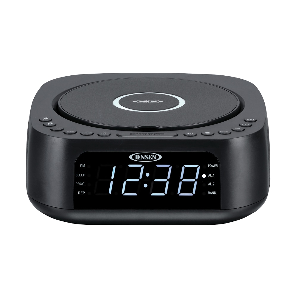 JENSEN Stereo Digital Dual-Alarm Clock With Top-Loading CD Player, FM Tuner, USB Charging Port And Battery Backup, 2.38inH x 7.32inW x 7.32inD, Black MPN:JCR-375