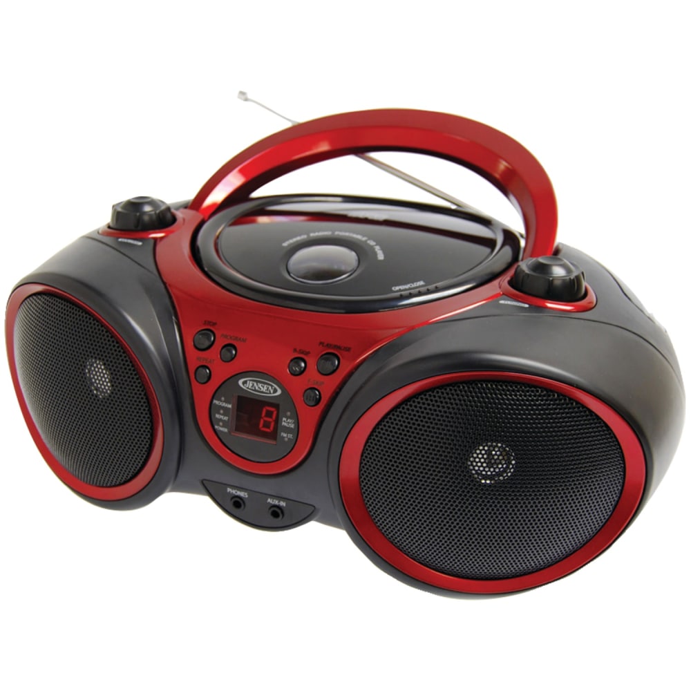 JENSEN 3W RMS CD-490 Portable Stereo CD Player With AM/FM Radio, 5-13/16inH x 9-1/8inW x 8-1/4inD, Black/Red MPN:CD-490