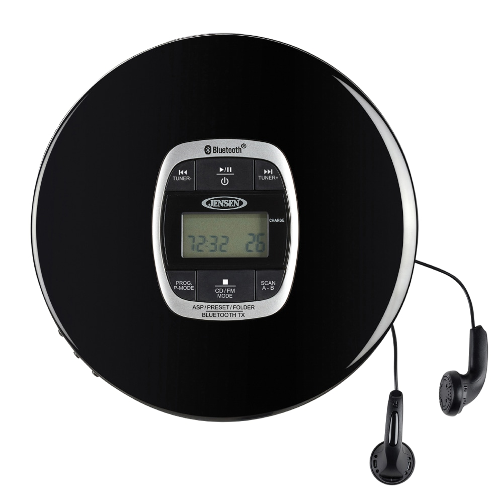 JENSEN Personal CD-60R-BT Portable Bluetooth CD Player With Digital FM Radio And Earbuds, 1-3/16inH x 5-9/16inW x 5-3/4inD, Black MPN:CD-60R-BT
