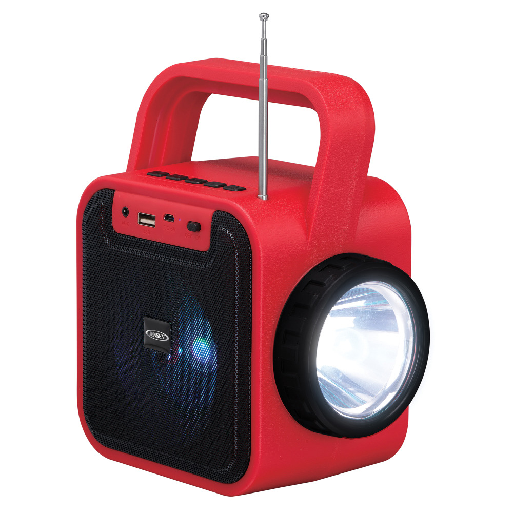 Jensen Portable Rechargeable Bluetooth Speaker With FM Radio, Flashlight, Solar Panel And USB Port, 7.48inH x 4.09inW x 6.3inD, Red MPN:JEP-175