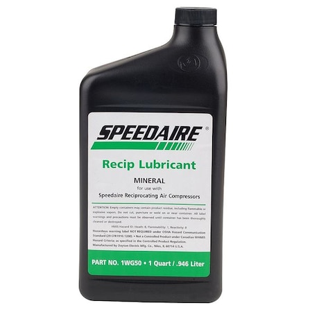 Compressor Oil, 1 qt, Bottle, 100 ISO Viscosity Grade, 97 Viscosity Index, Mineral MPN:1WG50