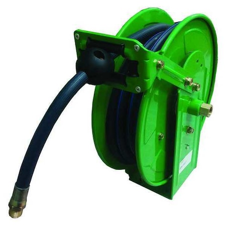 Spring Return Hose Reel, 1/4 in Hose Diameter, 50 ft Length, 300 psi Max. Pressure, Brass, Green MPN:45UZ37