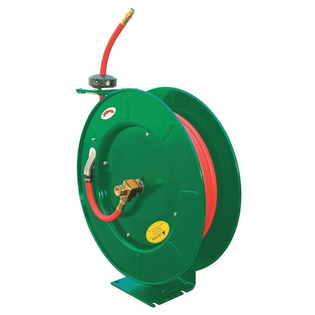 Spring Return Hose Reel, 1/2 in Hose Diameter, 50 ft Length, 300 psi Max. Pressure, Brass, Green MPN:6WA72