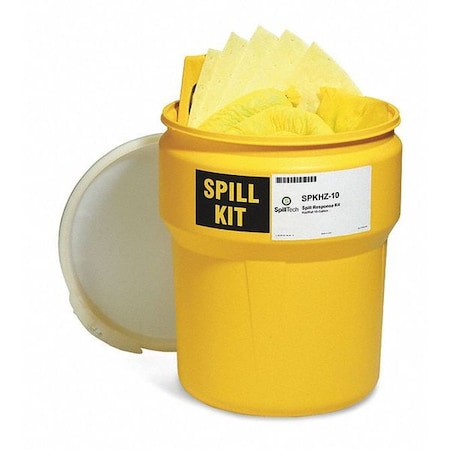 Spill Kit, 10 gal Volume Absorbed per Kit, 10 gal Capacity, Drum, Yellow, 36 MPN:SPKHZ-10