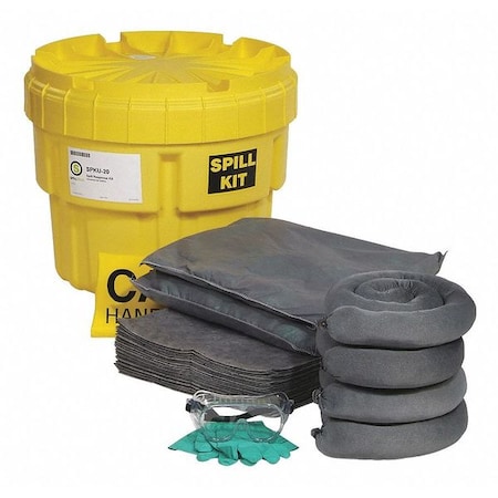 Spill Kit, 16 gal Volume Absorbed per Kit, 20 gal Capacity, Drum, Yellow, 47 MPN:SPKU-20
