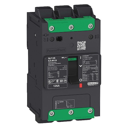 Molded Case Circuit Breaker, POWERPACT B Series, 125A, 3 Pole, 347/600V AC, 25kA at 240V AC MPN:BDL36125