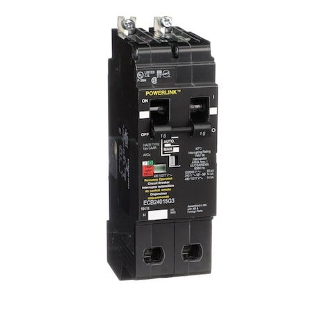 Molded Case Circuit Breaker, POWERLINK Series, 15A, 2 Pole, 277/480V AC, 65kA at 120/240V AC MPN:ECB24015G3