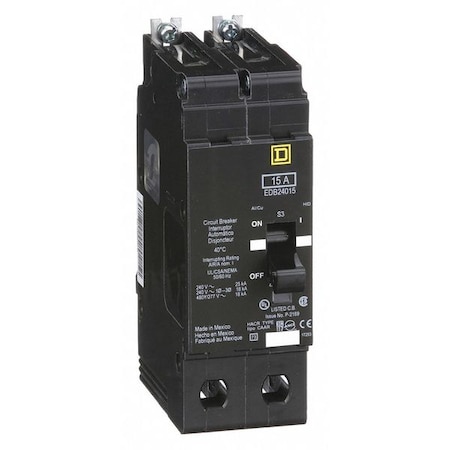 Miniature Circuit Breaker, E FRAME Series, 15A, 2 Pole, 277/480V AC, 25kA at 120V AC MPN:EDB24015