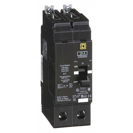 Miniature Circuit Breaker, E FRAME Series, 20A, 2 Pole, 277/480V AC, 25kA at 120V AC MPN:EDB24020