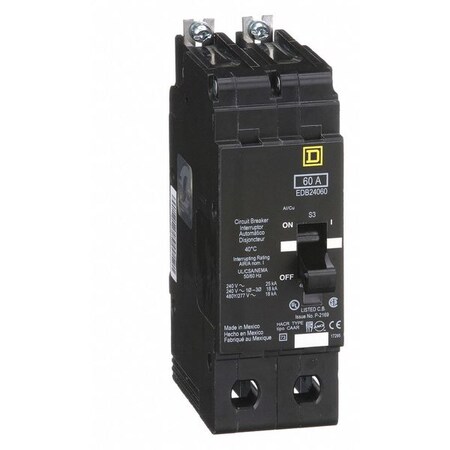 Miniature Circuit Breaker, E FRAME Series, 60A, 2 Pole, 277/480V AC, 25kA at 120V AC MPN:EDB24060