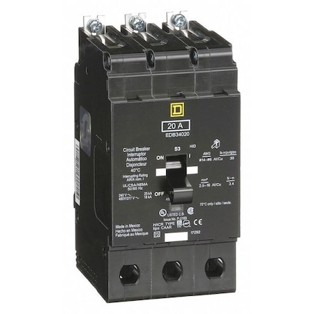 Miniature Circuit Breaker, E FRAME Series, 20A, 3 Pole, 277/480V AC, 25kA at 120V AC MPN:EDB34020