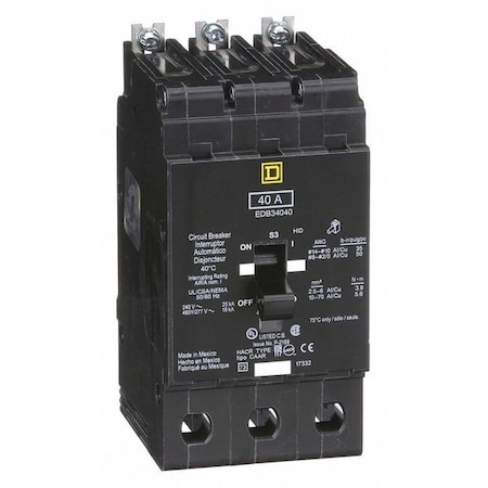 Miniature Circuit Breaker, E FRAME Series, 40A, 3 Pole, 277/480V AC, 25kA at 120V AC MPN:EDB34040