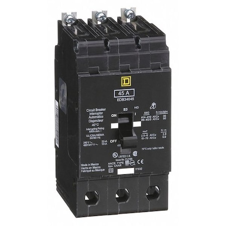 Miniature Circuit Breaker, E FRAME Series, 45A, 3 Pole, 277/480V AC, 25kA at 120V AC MPN:EDB34045
