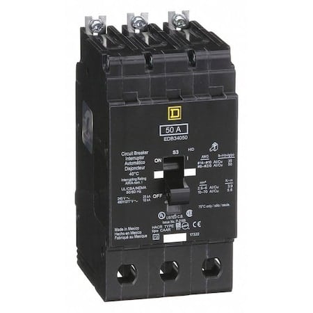 Miniature Circuit Breaker, E FRAME Series, 50A, 3 Pole, 277/480V AC, 25kA at 120V AC MPN:EDB34050