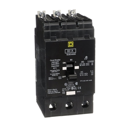 Miniature Circuit Breaker, E FRAME Series, 60A, 3 Pole, 277/480V AC, 25kA at 120V AC MPN:EDB34060