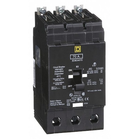 Miniature Circuit Breaker, E FRAME Series, 70A, 3 Pole, 277/480V AC, 25kA at 120V AC MPN:EDB34070
