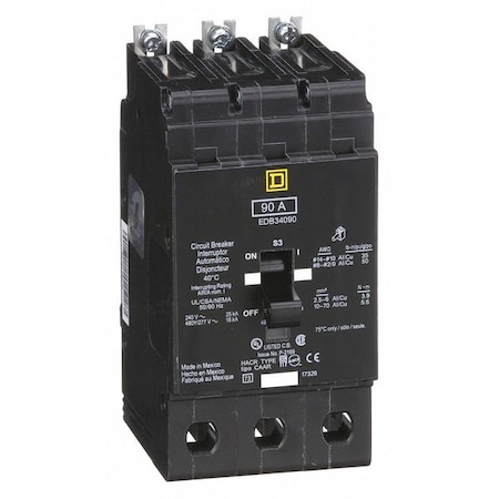 Miniature Circuit Breaker, E FRAME Series, 90A, 3 Pole, 277/480V AC, 25kA at 120V AC MPN:EDB34090