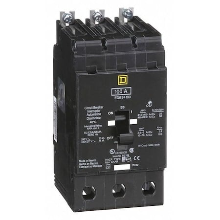 Miniature Circuit Breaker, E FRAME Series, 100A, 3 Pole, 277/480V AC, 25kA at 120V AC MPN:EDB34100