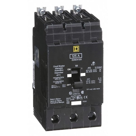 Miniature Circuit Breaker, E FRAME Series, 125A, 3 Pole, 277/480V AC, 25kA at 120V AC MPN:EDB34125