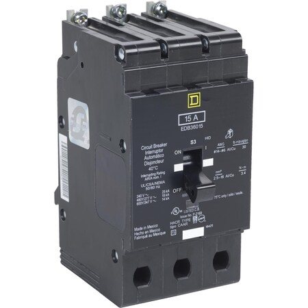 Miniature Circuit Breaker, E FRAME Series, 15A, 3 Pole, 600V AC, 25kA at 120V AC MPN:EDB36015