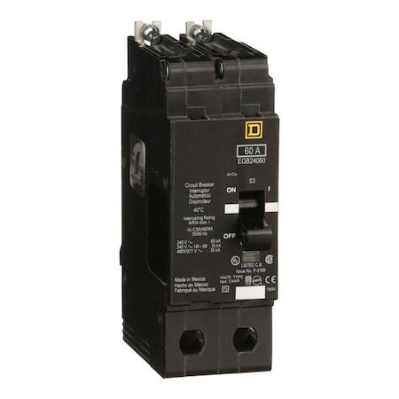 Miniature Circuit Breaker, E FRAME Series, 60A, 2 Pole, 277/480V AC, 65kA at 120V AC MPN:EGB24060
