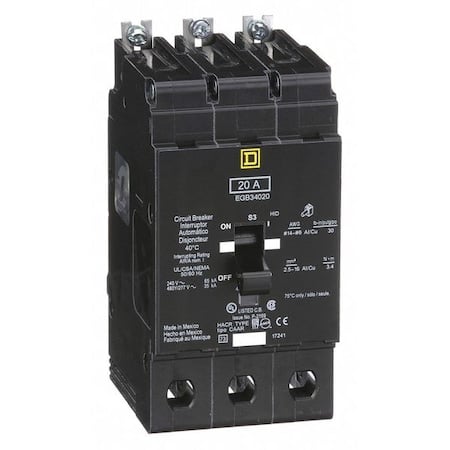 Miniature Circuit Breaker, E FRAME Series, 20A, 3 Pole, 277/480V AC, 65kA at 120V AC MPN:EGB34020