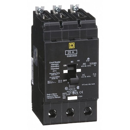 Miniature Circuit Breaker, E FRAME Series, 25A, 3 Pole, 277/480V AC, 65kA at 120V AC MPN:EGB34025